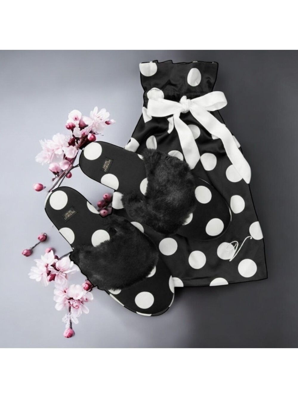 Victorias Secret Signature Satin Slippers Black White Polka Dot with Faux Fur